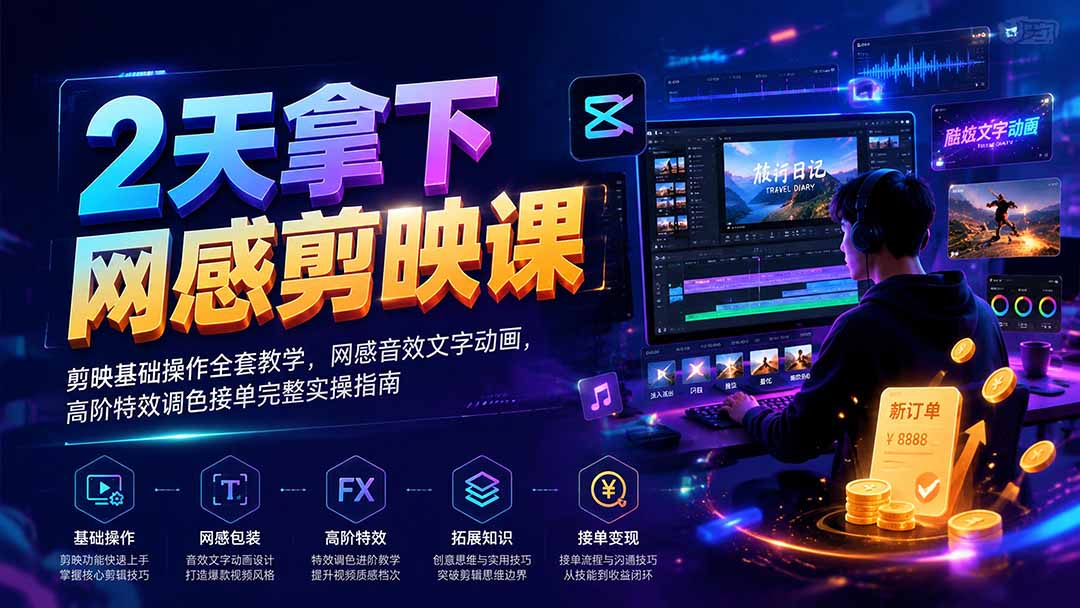 2天拿下网感剪辑课｜剪映基础操作全套教学，网感音效文字动画，高阶特效调色接单完整实操指南-摇钱树