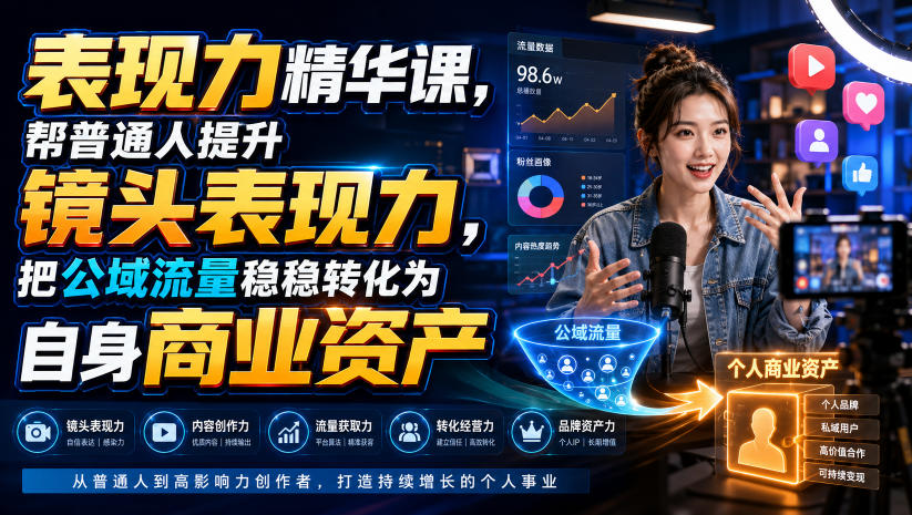 表现力精华课，帮普通人提升镜头表现力，把公域流量稳稳转化为自身商业资产-超级个体网赚