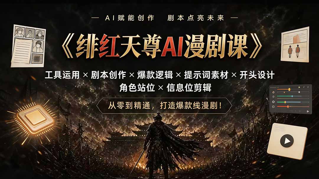 绯红天尊AI漫剧课｜工具运用×剧本创作×爆款逻辑×提示词素材×开头设计×角色站位×信息位剪辑-摇钱树
