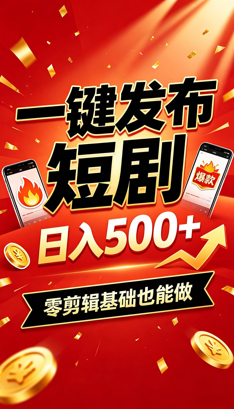 快手短剧一键发布，不用剪辑操作简单，副业日入500+。空闲时间轻松赚收益-摇钱树