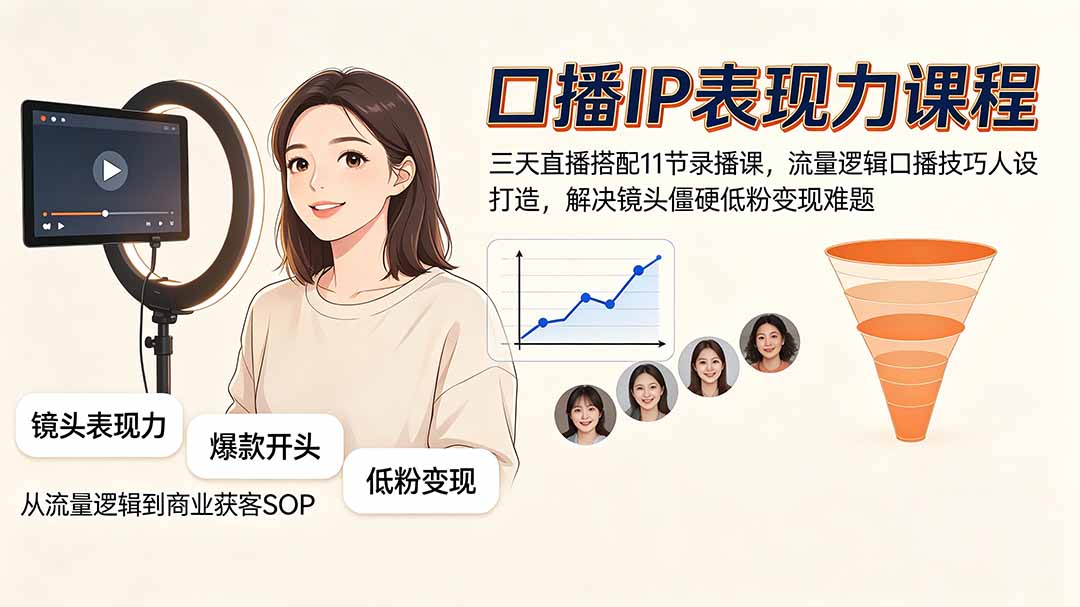 口播IP表现力课程｜三天直播搭配11节录播课，流量逻辑口播技巧人设打造，解决镜头僵硬低粉变现难题-财迷疯