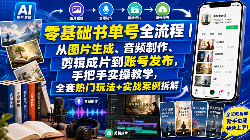 零基础书单号全流程｜从图片生成、音频制作、剪辑成片到账号发布，手把手实操教学，全套热门玩法+实战案例拆解-摇钱树