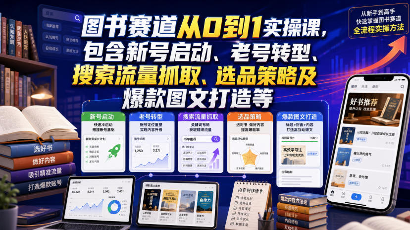 图书赛道从0到1实操课,包含新号启动、老号转型、搜索流量抓取、选品策略及爆款图文打造等-摇钱树