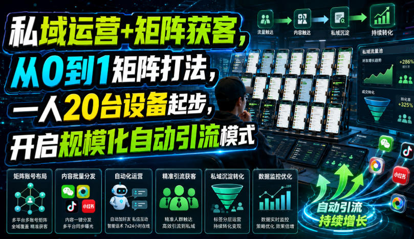 私域运营+矩阵获客,从0到1矩阵打法,一人20台设备起步,开启规模化自动引流模式!-财迷疯