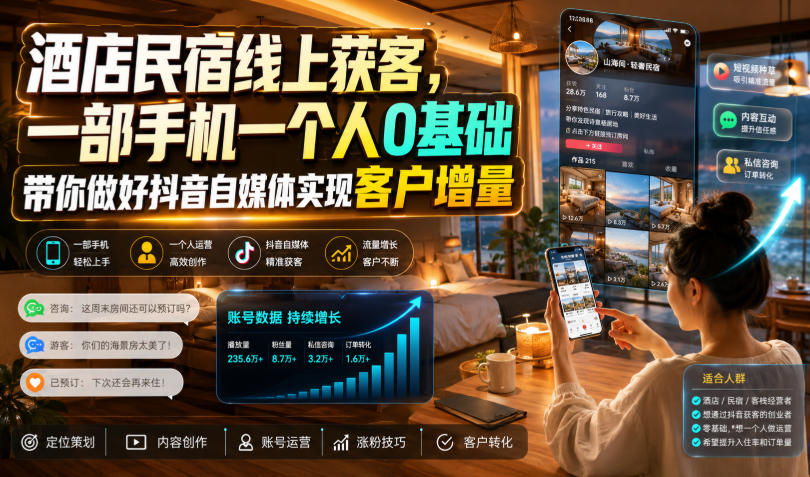 酒店民宿线上获客,一部手机一个人0基础带你做好抖音自媒体实现客户增量-摇钱树