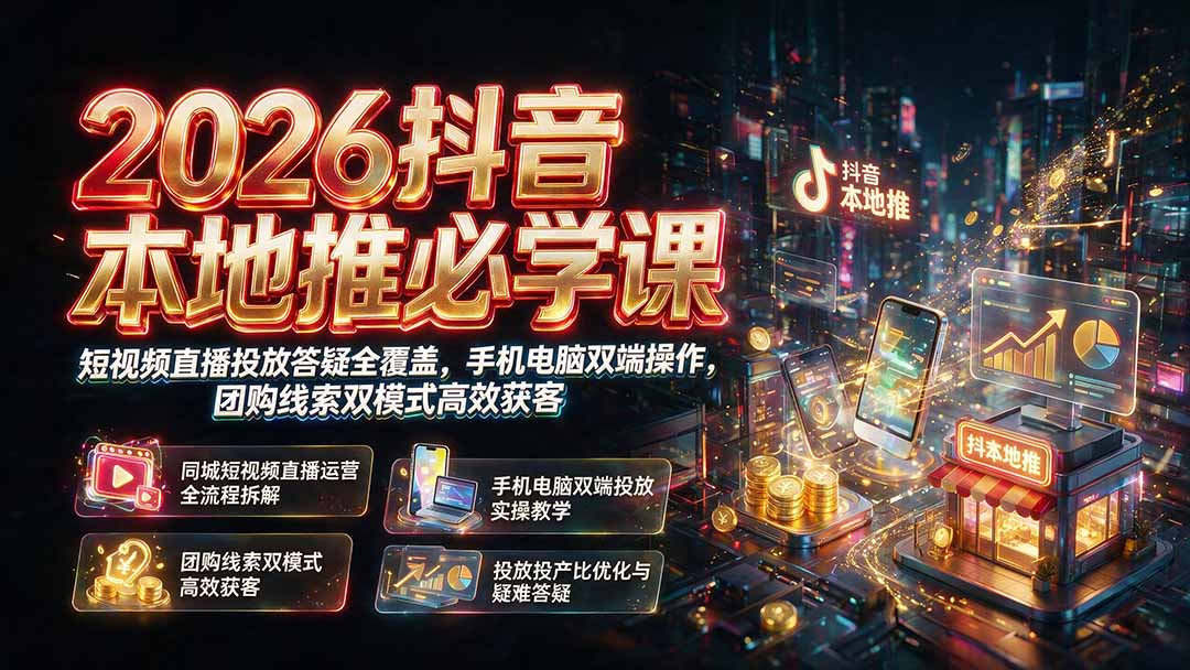 2026抖音本地推必学课｜短视频直播投放答疑全覆盖，手机电脑双端操作，团购线索双模式高效获客-摇钱树