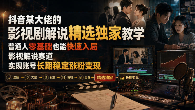 抖音某大佬的影视剧解说精选独家教学，普通人零基础也能快速入局影视解说赛道，实现账号长期稳定变现-摇钱树