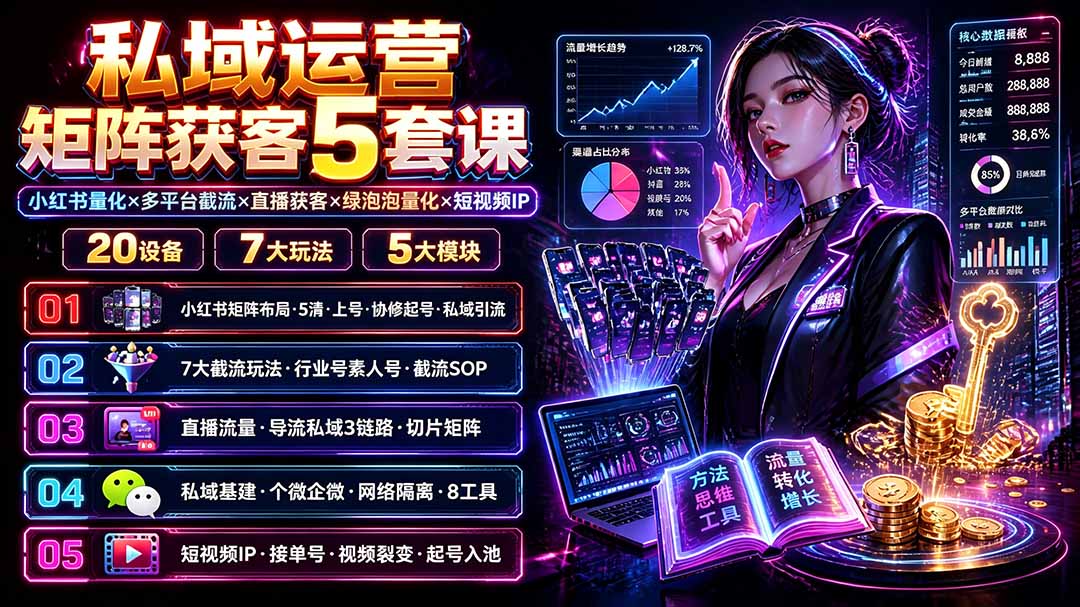 私域运营矩阵获客5套课:小红书量化×多平台截流×直播获客×绿泡泡量化×短视频IP×20设备×7大玩法-摇钱树
