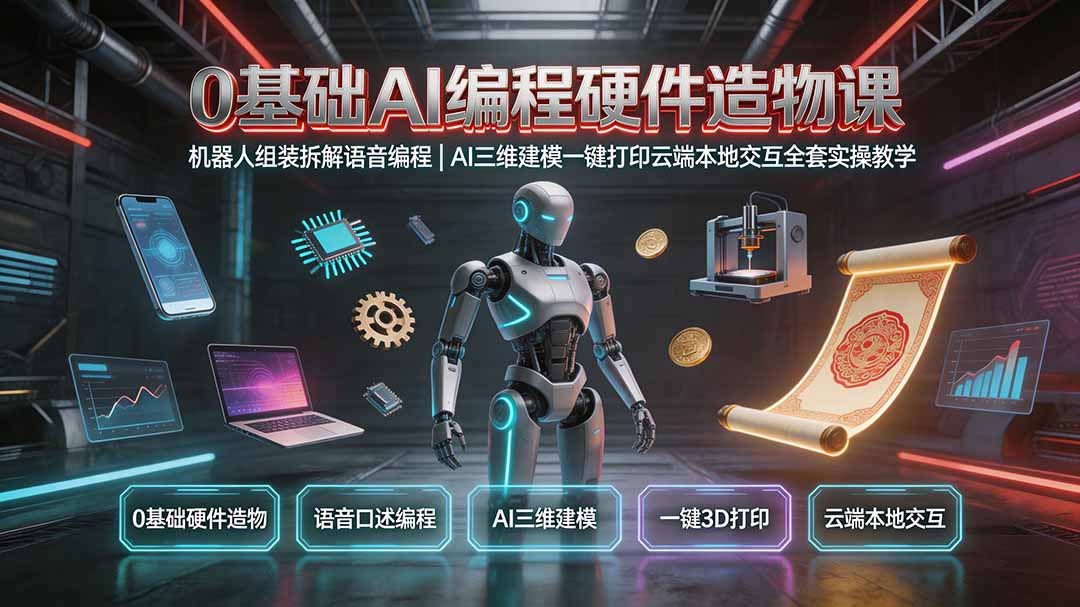 0基础AI编程硬件造物课｜机器人组装拆解语音编程，AI三维建模一键打印云端本地交互全套实操教学-摇钱树