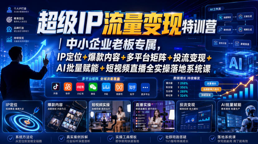 超级IP流量变现特训营|中小企业老板专属,IP定位+爆款内容+多平台矩阵+投流变现+AI批量赋能+短视频直播全实操落地系统课-摇钱树