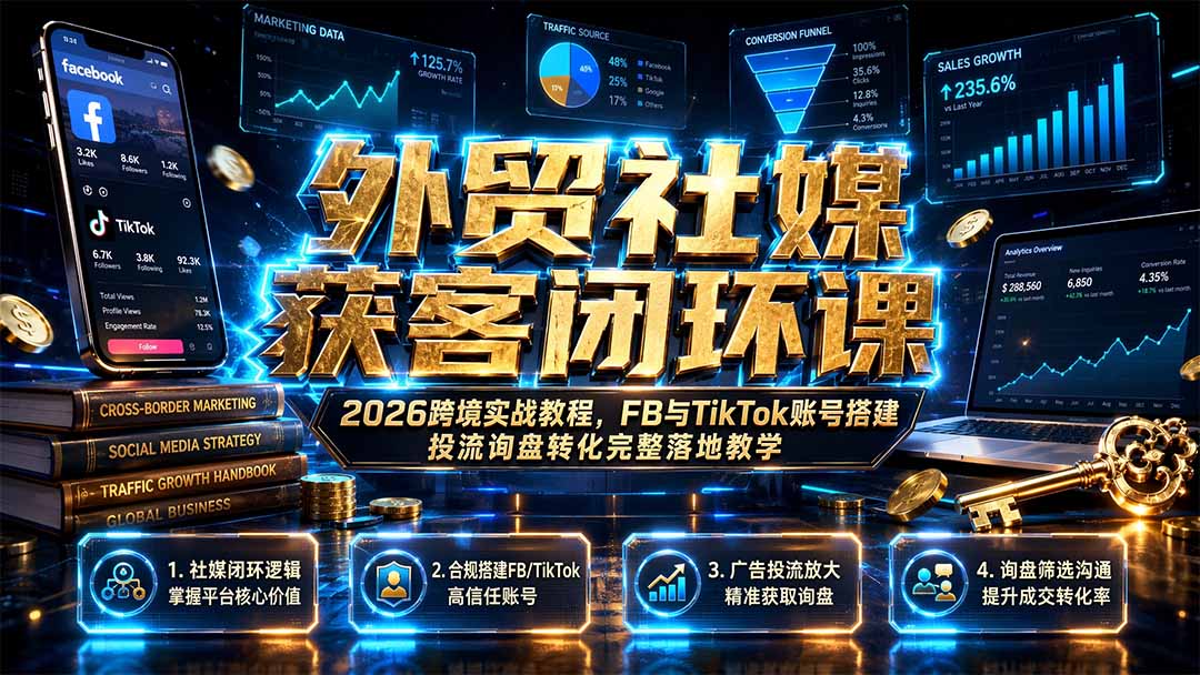 外贸社媒获客闭环课｜2026跨境实战教程，FB与TikTok账号搭建投流询盘转化完整落地教学-摇钱树