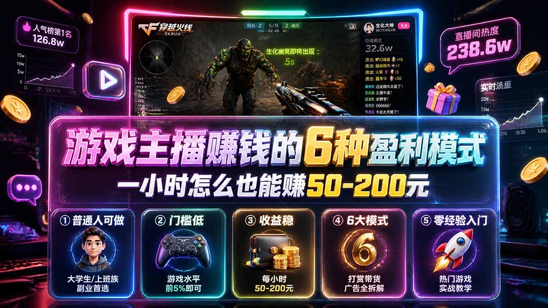 付费文章:游戏主播赚钱的6种盈利模式,一小时怎么也能赚50-200元-聚豪云创