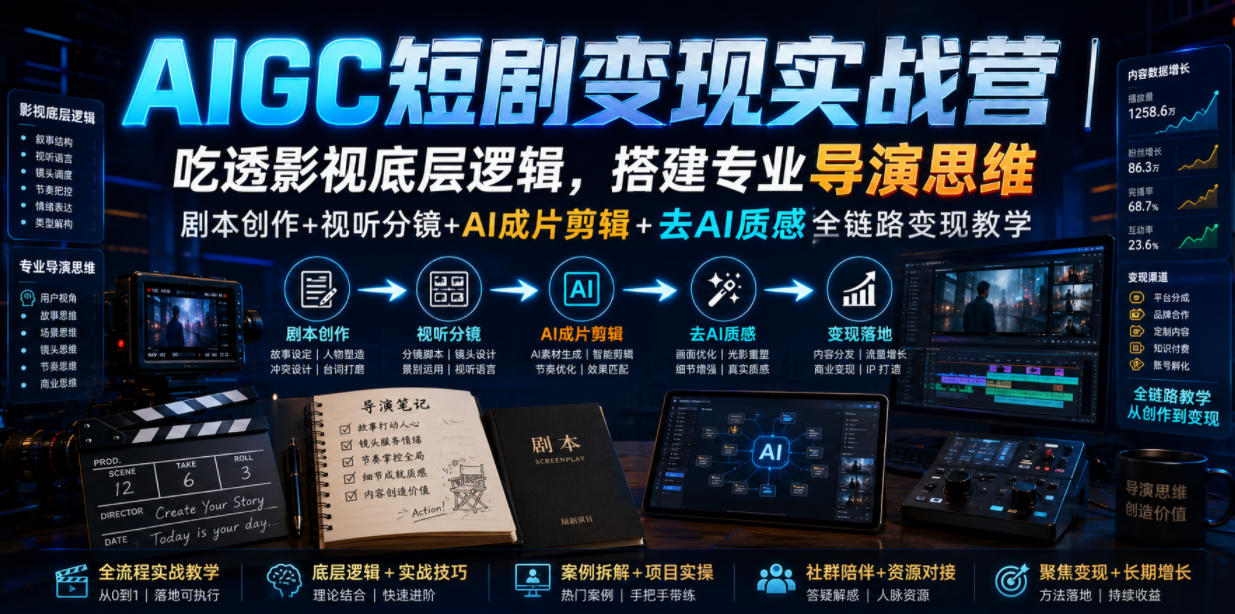 AIGC短剧变现实战营｜吃透影视底层逻辑，搭建专业导演思维，剧本创作+视听分镜+AI成片剪辑+去AI质感全链路变现教学-摇钱树