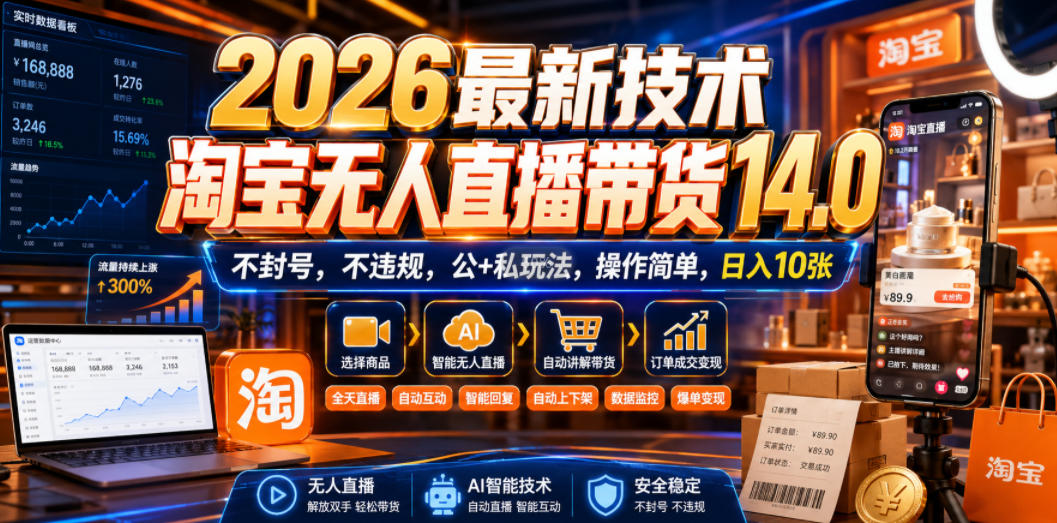 2026最新技术，淘宝无人直播带货14.0，不封号，不违规，公+私玩法，操作简单，日入10张【揭秘】-摇钱树