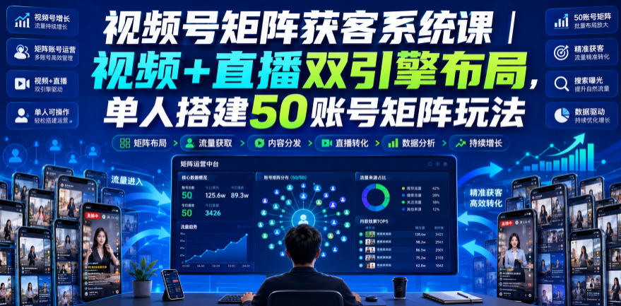 视频号矩阵获客系统课｜视频+直播双引擎布局，单人搭建50账号矩阵玩法，流量入池、搜索占位、全域引流沉淀私域全流程教学-摇钱树