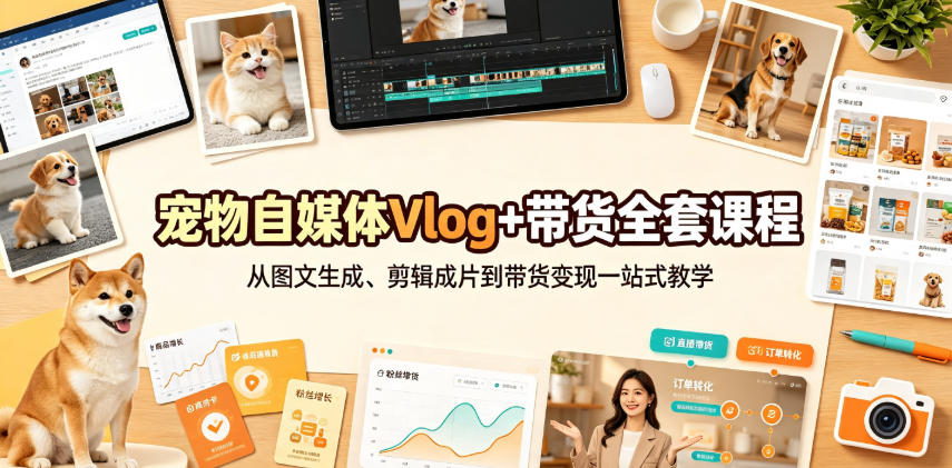宠物自媒体Vlog+带货全套课程｜从图文生成、剪辑成片到带货变现一站式教学-摇钱树