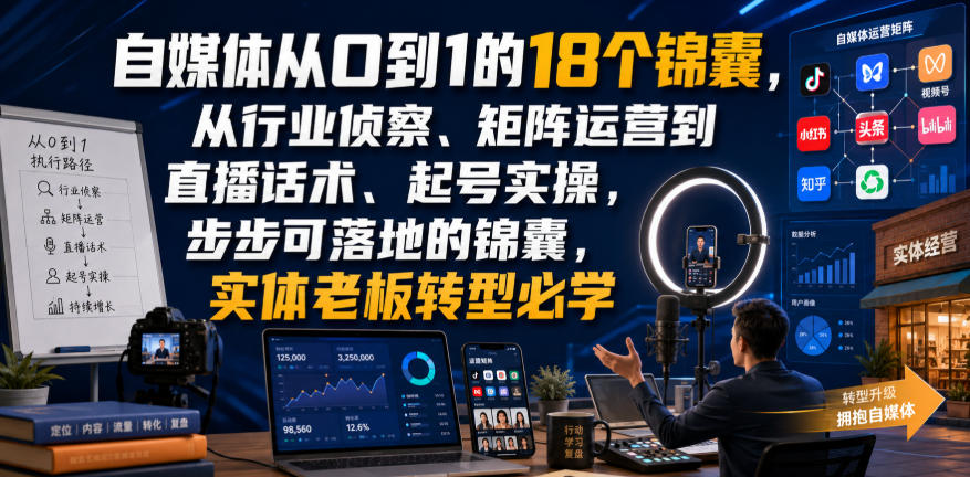 自媒体从0到1的18个锦囊,从行业侦察、矩阵运营到直播话术、起号实操,步步可落地的锦囊,实体老板转型必学-摇钱树
