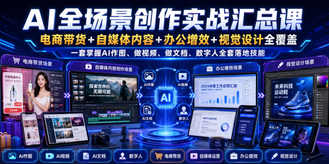 AI全场景创作实战汇总课|电商带货+自媒体内容+办公增效+视觉设计全覆盖,一套掌握AI作图、做视频、做文档、数字人全套落地技能-摇钱树