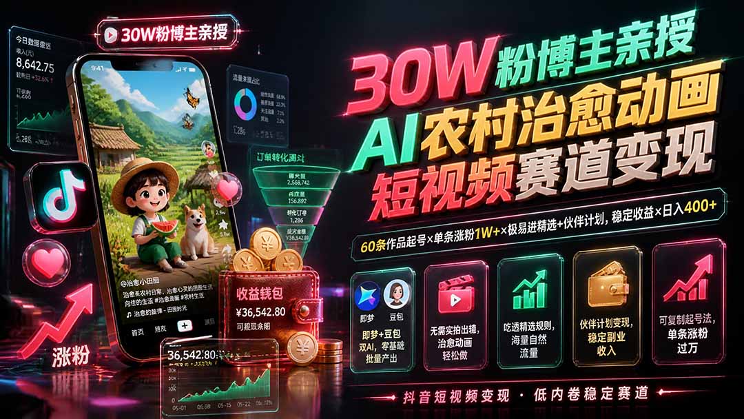 30W粉博主亲授AI农村治愈动画短视频赛道变现:60条作品起号×单条涨粉1W+×极易进精选+伙伴计划,稳定收益×日入400+-摇钱树