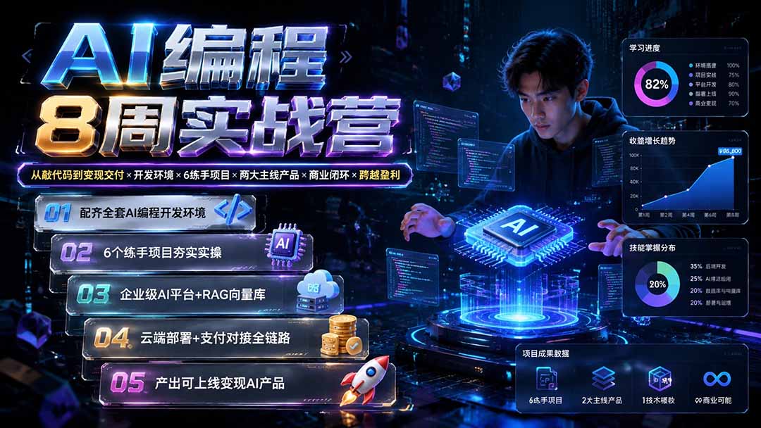 AI编程8周实战营：从敲代码到变现交付×开发环境×6练手项目×两大主线产品×商业闭环×跨越盈利-摇钱树