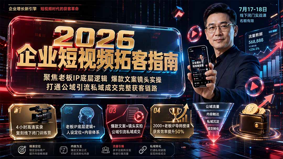 2026企业短视频拓客指南：聚焦老板IP底层逻辑，爆款文案镜头实操，打通公域引流私域成交完整获客链路-摇钱树