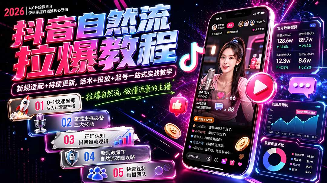 抖音自然流拉爆教程-更新7月：做懂流量的主播，新规适配+持续更新，话术+投放+起号一站式实战教学-超级个体网赚