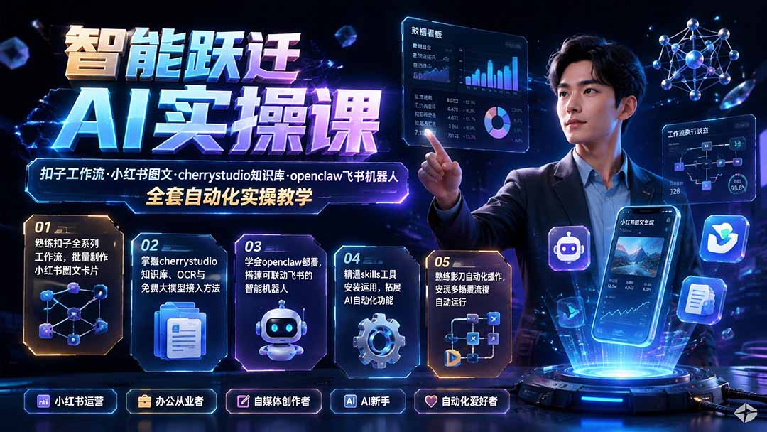 智能跃迁 AI实操课|扣子工作流小红书图文搭建,cherrystudio知识库openclaw飞书机器人全套自动化实操教学-摇钱树