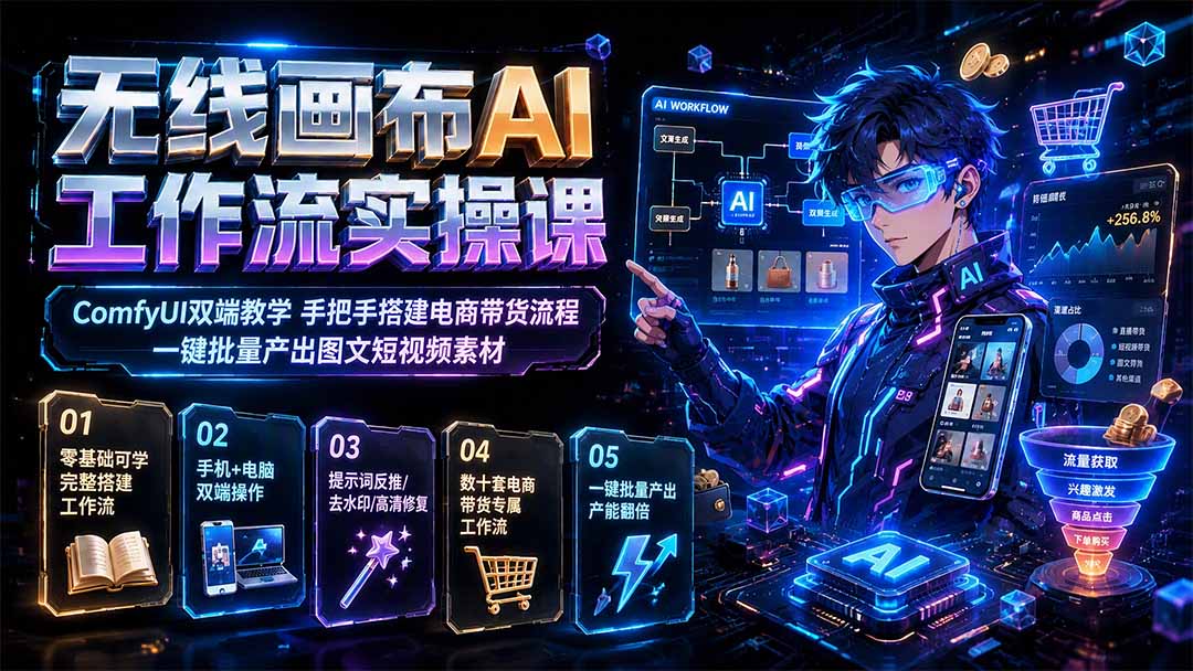 无线画布AI工作流实操课｜ComfyUI双端教学，手把手搭建电商带货流程，一键批量产出图文短视频素材-财迷疯