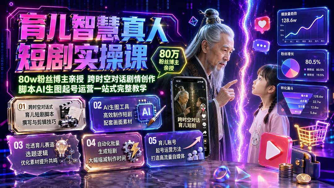 育儿智慧真人短剧实操课｜80w粉丝博主亲授，跨时空对话剧情创作，脚本AI生图起号运营一站式完整教学-摇钱树