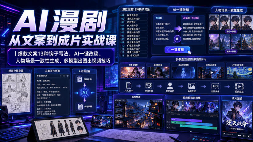 AI漫剧从文案到成片实战课|爆款文案13种钩子写法、AI一键改稿、人物场景一致性生成、多模型出图出视频技巧-财迷疯