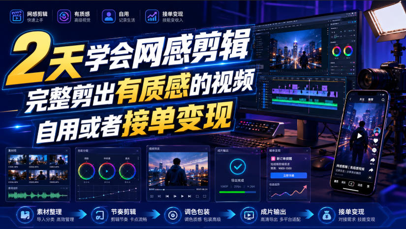 2天学会网感剪辑,完整剪出有质感的视频,自用或者接单变现-摇钱树