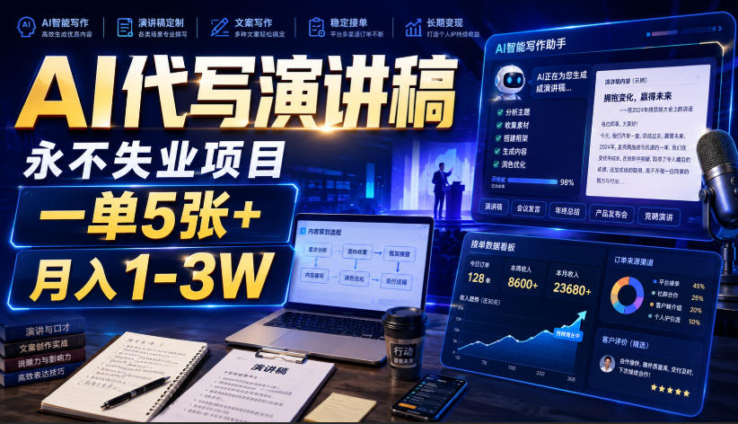 AI代写演讲稿,永不失业项目,一单5张+,月入1-3W【揭秘】-摇钱树