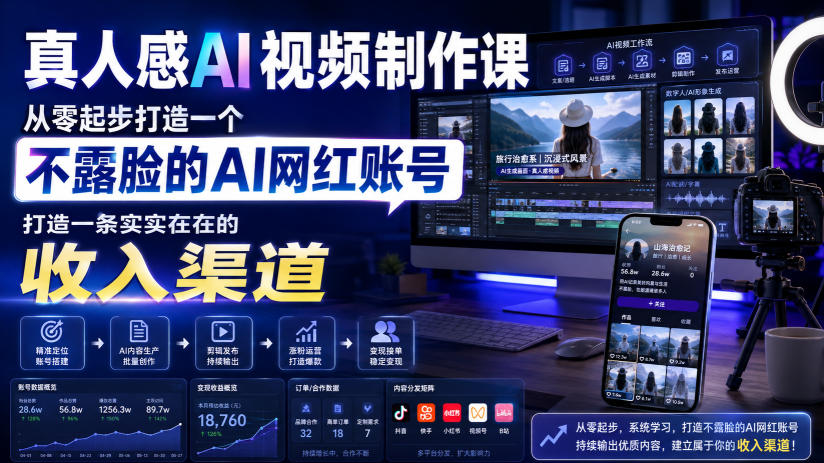 真人感AI视频制作课,从零起步打造一个不露脸的AI网红账号,打造一条实实在在的收入渠道【原创双语字幕】-摇钱树