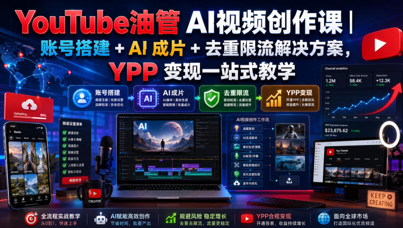 YouTube油管AI视频创作课|账号搭建+AI成片+去重限流解决方案,YPP变现一站式教学-摇钱树