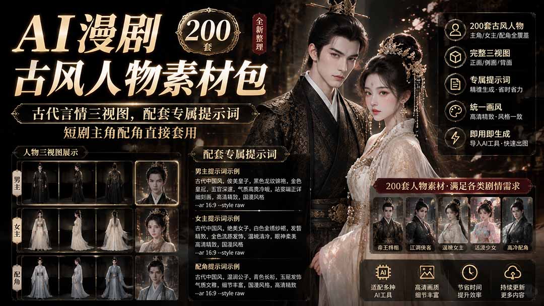 AI漫剧古风人物素材包+提示词｜200 套古代言情三视图，配套专属提示词短剧主角配角直接套用-摇钱树