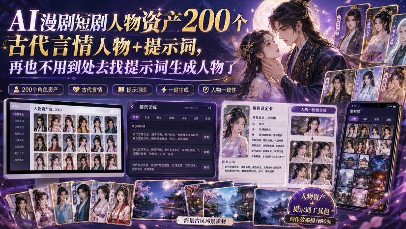 AI漫剧短剧人物资产200个古代言情人物+提示词,再也不用到处去找提示词生成人物了-摇钱树