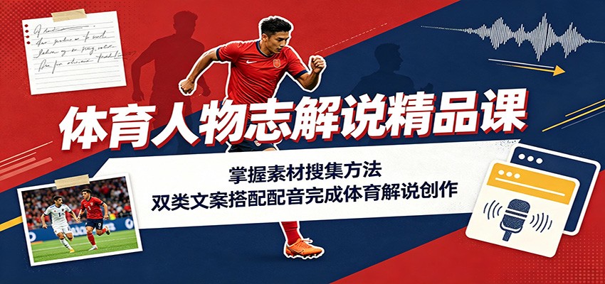 体育人物志解说精品课：掌握素材搜集方法，双类文案搭配配音完成体育解说创作-摇钱树