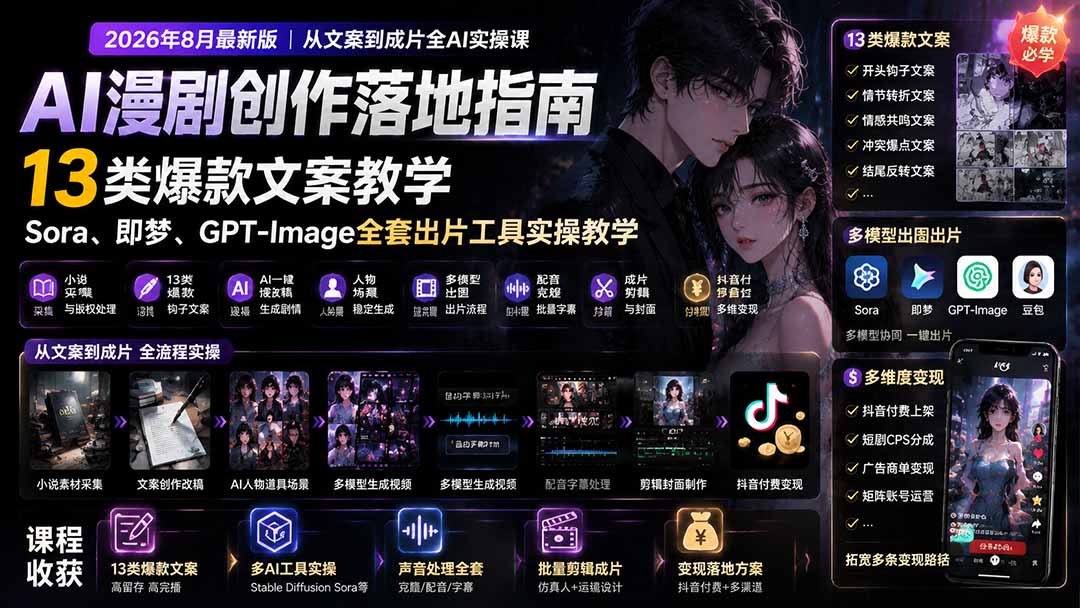 AI漫剧创作落地指南｜13类爆款文案教学，Sora、即梦、GPT-Image全套出片工具实操教学-摇钱树