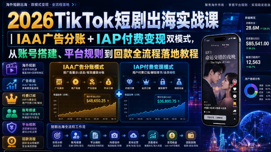 2026TikTok短剧出海实战课｜IAA广告分账+IAP付费变现双模式，从账号搭建、平台规则到回款全流程落地教程-摇钱树