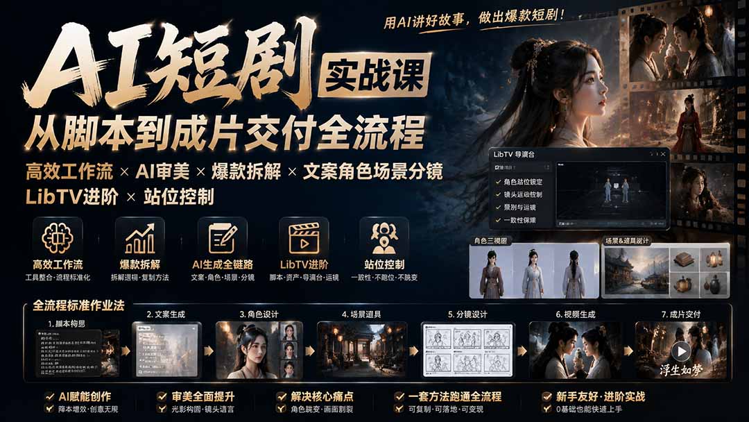 AI短剧实战课:高效工作流×AI审美×爆款拆解×文案角色场景分镜×LibTV进阶×站位控制×从脚本到成片交付全流程-摇钱树