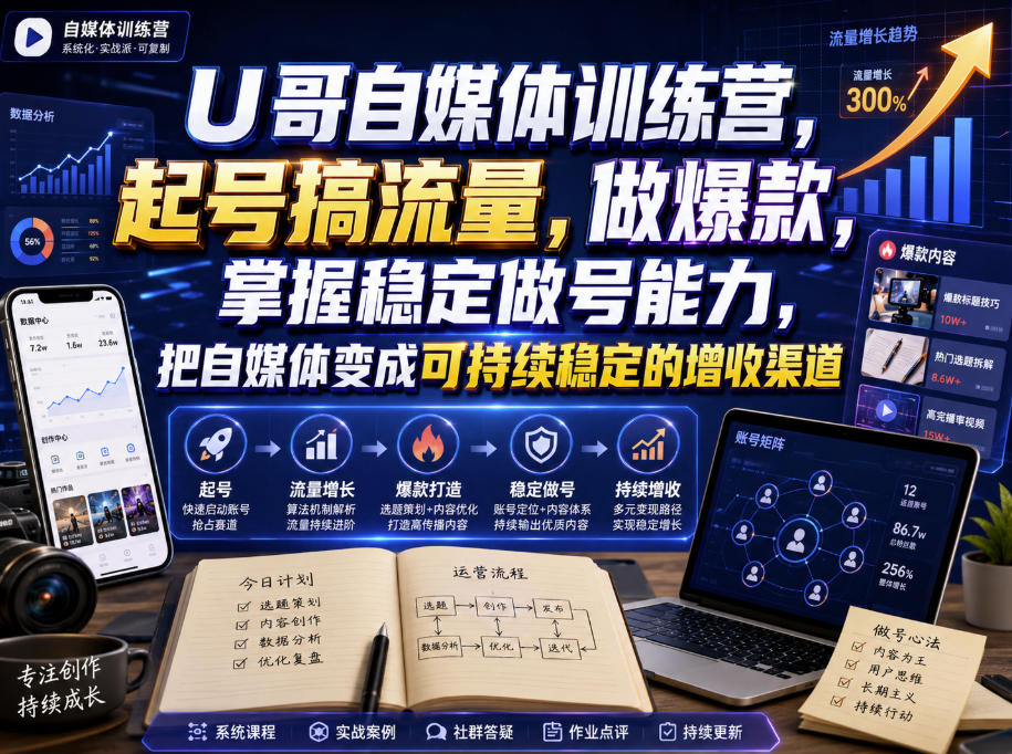U哥自媒体训练营,起号搞流量,做爆款,掌握稳定做号能力,把自媒体变成可持续稳定的增收渠道-超级个体网赚