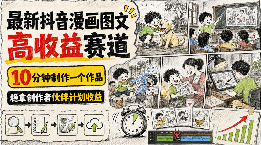 最新抖音漫画图文高收益赛道,10分钟制作一个作品,稳拿创作者伙伴计划收益-摇钱树