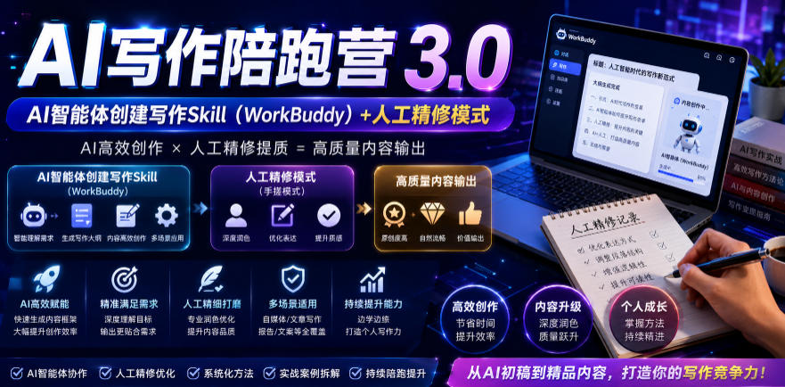 AI写作陪跑营3.0,Ai智能体创建写作skill(workbuddy)+人工手写模式(手搓模式),去除AI痕迹(头条号、公众号、百家号)(更新0806)-摇钱树