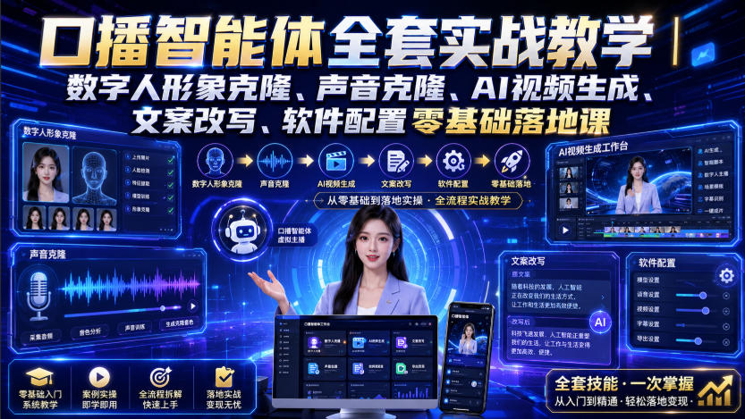 口播智能体全套实战教学｜数字人形象克隆、声音克隆、AI视频生成、文案改写、软件配置零基础落地课-摇钱树