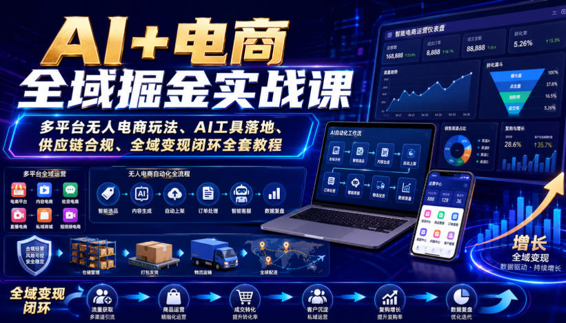 AI+电商全域掘金实战课|多平台无人电商玩法、AI工具落地、供应链合规、全域变现闭环全套教程-摇钱树
