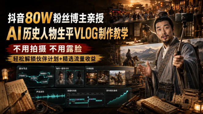 抖音80W粉丝博主的AI历史人物生平VLOG教学,不用拍摄不用露脸,AI帮你搞定,轻松解锁伙伴计划+精选收益-摇钱树