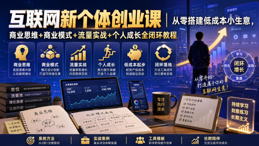 互联网新个体创业课｜从零搭建低成本小生意，商业思维+商业模式+流量实战+个人成长全闭环教程-摇钱树