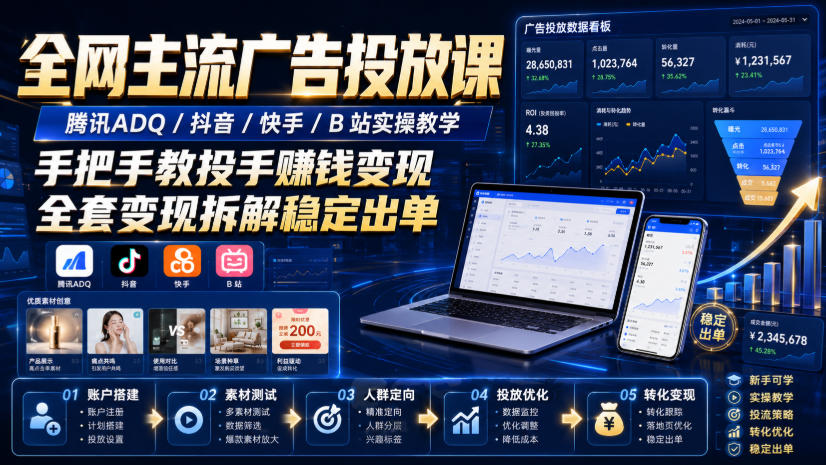 全网主流广告投放课，腾讯ADQ / 抖音 / 快手 / B 站实操教学，手把手教投手赚钱变现，全套变现拆解稳定出单-摇钱树