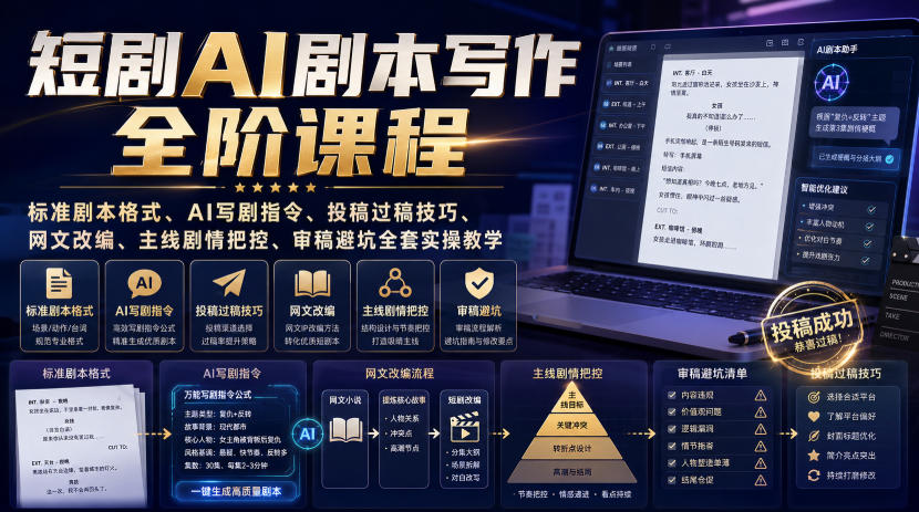 短剧AI剧本写作全阶课程｜标准剧本格式、AI写剧指令、投稿过稿技巧、网文改编、主线剧情把控、审稿避坑全套实操教学-摇钱树