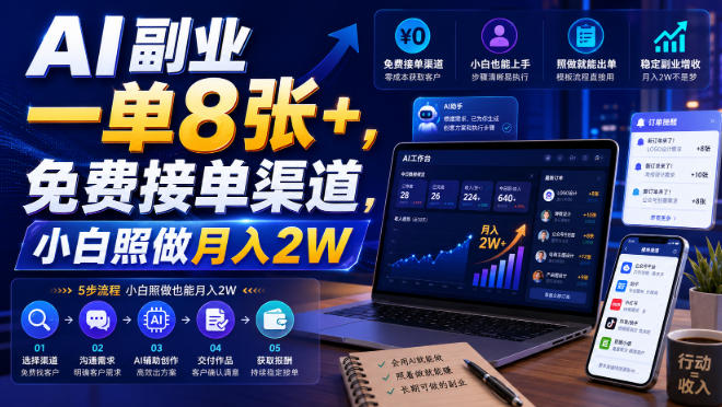 AI副业一单8张+，免费接单渠道，小白照做月入2W【揭秘】-摇钱树